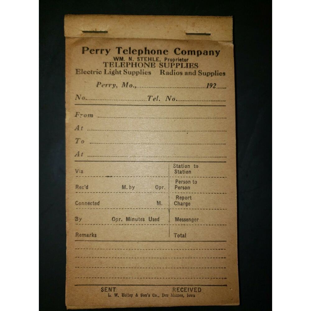 VTG 1920's Perry Telephone Co. Salesman Sales Receipt Book Perry Mo Rare PB2